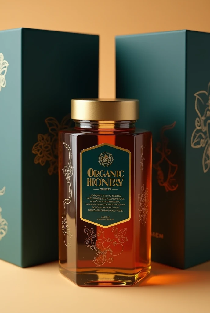 .Design a high-end honey packaging that conveys luxury and exclusivity while clearly highlighting its 100% organic quality. The packaging should offer a unique, memorable experience and include the following features:Luxurious Glass Jar with Unique Shape: Use a sophisticated glass jar with a sleek, contemporary shape, such as a tall, cylindrical jar with subtle curves or an elegant, elongated octagonal design. The jar should have a thick base and a heavy, premium feel.Elegant Label Design: Apply a luxurious label with a minimalist design. Use a deep, rich color such as midnight blue, emerald green, or dark amber as the background, with gold or silver foil accents for the text and brand logo. The label should include key details like “100% Organic Honey” in an elegant serif or script font.Distinctive Cap Design: Opt for a high-quality, brushed metal or matte-finish cap in a complementary color like gold, bronze, or deep amber. The cap should have a sleek, modern design with a textured surface or subtle engraving to enhance its premium feel.Embossed Detailing: Incorporate embossed patterns or textures on the jar, such as a delicate honeycomb design or a sophisticated geometric pattern, to add depth and visual interest. The embossing should be understated yet noticeable, enhancing the tactile experience.Organic Certification: Feature a prominent organic certification badge or symbol on the label, using a contrasting color or a metallic finish to draw attention. Ensure the certification is clearly visible to reinforce the authenticity and premium nature of the honey.Exclusive Presentation Box: Package the jar in a custom-designed presentation box made from high-quality paperboard or wood. The box should have a matte or satin finish, with a magnetic closure and a soft, velvet or satin interior lining to protect the jar and add to the luxury feel.Interactive Features: Include a small, elegant booklet or card inside the box with information about the honey’s organic sourci