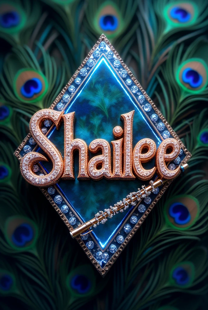 Write name Shailee in  stylish diamond letter  with background of peacock feathers ,on flute 