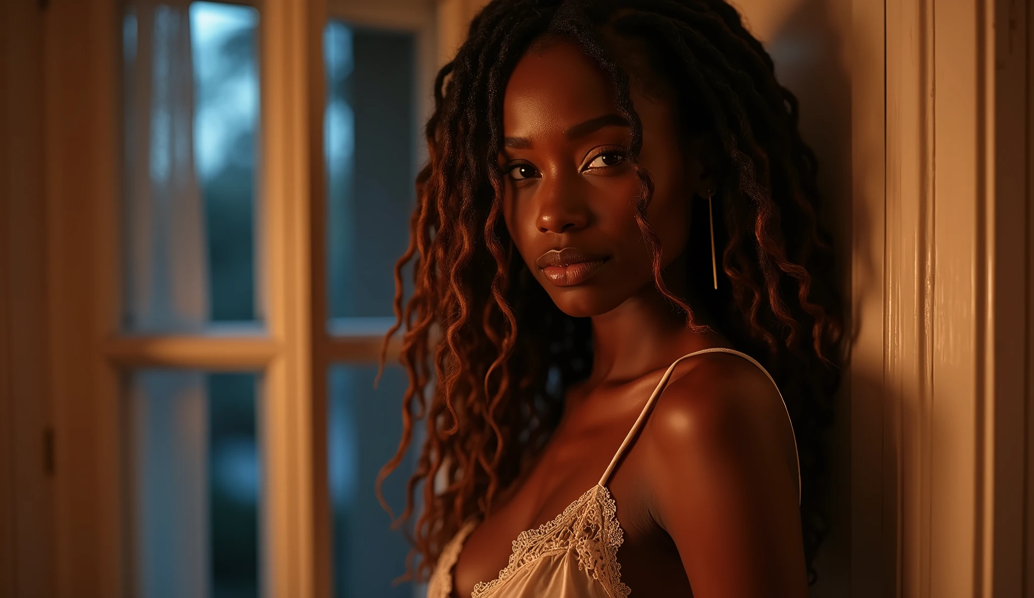 A stunningly beautiful African American woman with long brown dreadlocks with highlights on the ends in night gown looking sexy & sensual, looking out of the bedroom window, realistic
