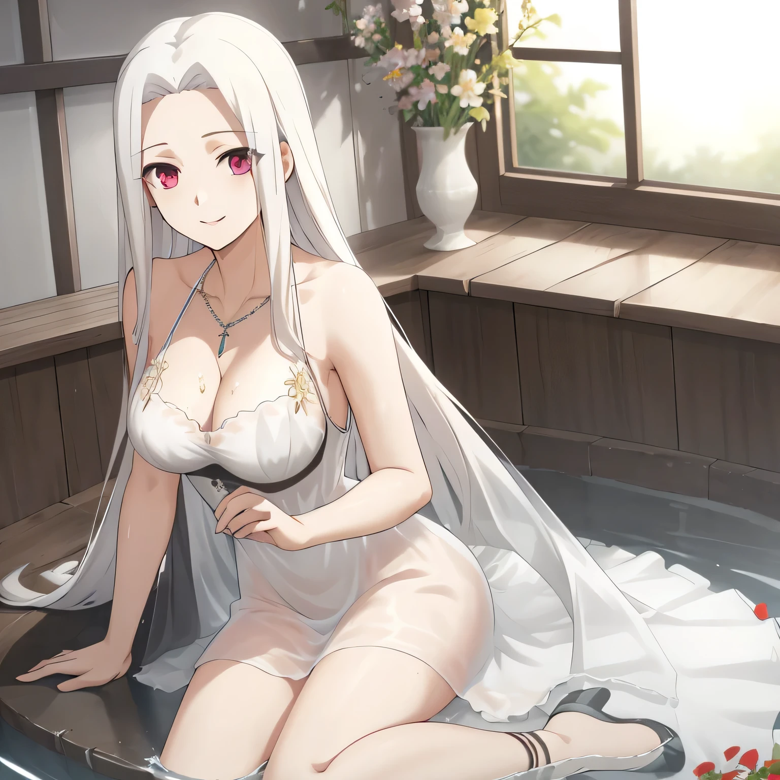 Irisviel,black sheer dress sleeveless,solo,looking at viewer,beautiful smile,arm at side,middle size of breast,beautiful necklace,in beautiful bathroom,wet dress,water water with flowers