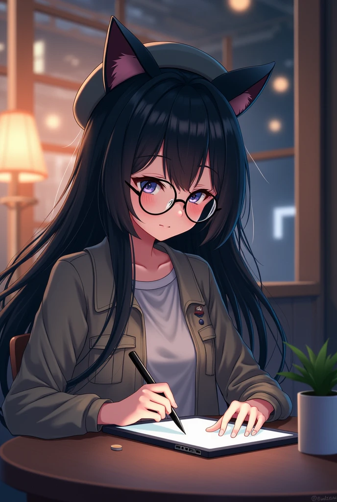 anime style, from girls frontline, fine details. girls frontline, girls frontline universe, girls frontline style, girls frontline, girls frontline cg, 2 0 2 2 anime style, (anime girl with black hair and round circle glasses:1.2), with a pencil and a berret hat on her head, (holding a drawing tablet:1.1), anime girl sitting at a table with a tablet computer in her hand, mysterious coffee shop girl, anime visual of a cute girl, artwork in the style of guweiz, anime girl with cat ears, in anime style, soft anime illustration,