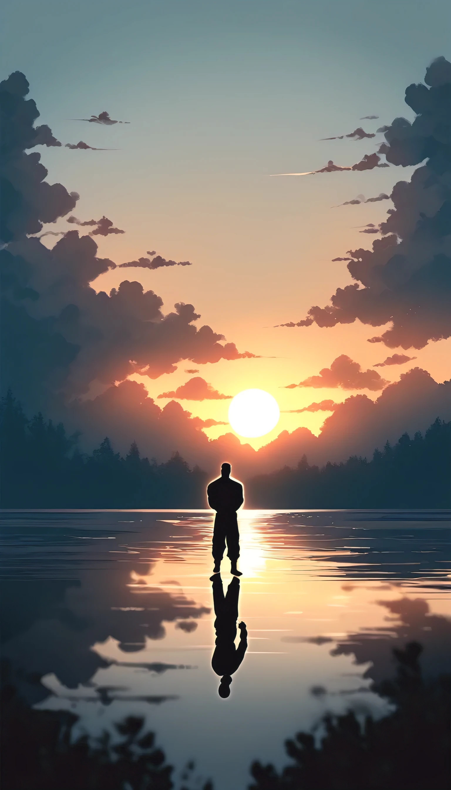 A Strong Buddhist muscular man stands in the smoke, Black jumpsuit, Very tight, Silhouette effect, Tall muscular man, Priapus, Dark Black, Dark black skin, Buzz Cut, His muscles are very developed, Very tall, short hair, Blend into the smoke, Lake, Reflection, Sunset, Sunset, Man silhouette, Chinese, black and white, Simple style
