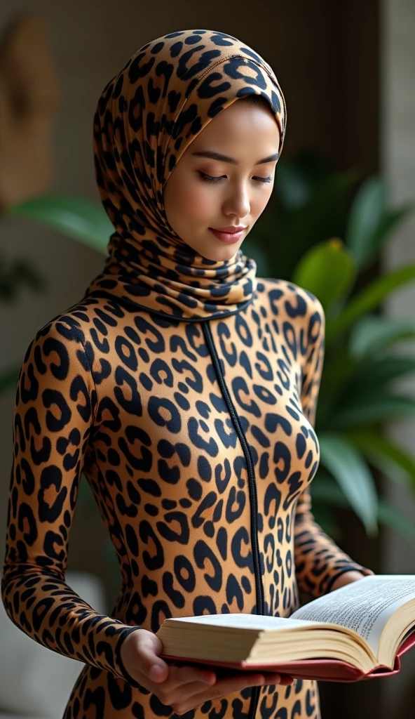 The most beautiful,thin,most pretty and clever Asian muslimah adult girl wears clouded leopard lycra turtleneck unitard catsuit covered with spots.She always wear clouded leopard print lycra dancewear stretchy square hijab covered with many spots.She reads a lot of storybooks