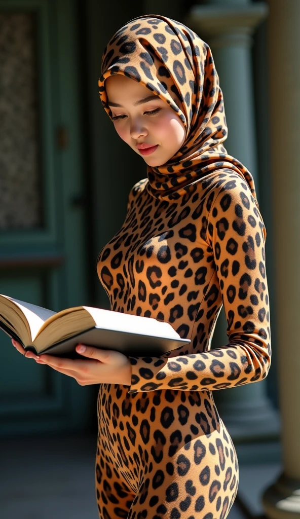 The most beautiful,thin,most pretty and clever Asian muslimah adult girl wears clouded leopard lycra turtleneck unitard catsuit covered with spots.She always wear clouded leopard print lycra dancewear stretchy square hijab covered with many spots.She reads a lot of storybooks