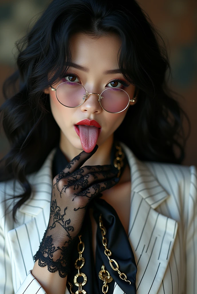 With long, curly black hair、Heavy makeup and purple eyeshadow、Dark eyeliner、Around her neck she wears a ribbon-shaped satin black and gold chain patterned scarf.、Wearing gold-rimmed glasses、Long black lace gloves made of transparent material、A Japanese woman in her 50s with slanted eyes wearing a striped white suit is licking her fingers obscenely with her tongue