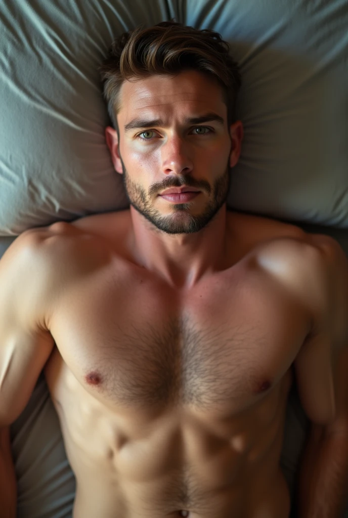Young man of 30 years old, very muscular, incredibly handsome with green eyes. Mister Supranational, lying face up on a bed with his bare torso looking seductively at the camera, marked abs, perfect six pack, Caucasian features, short brown hair, modern cut, perfectly shaved beard, mouth with sensual lips, little hair on his pectorals, frontal daylight that highlights his muscles, realistic photo, shot from a side angle...