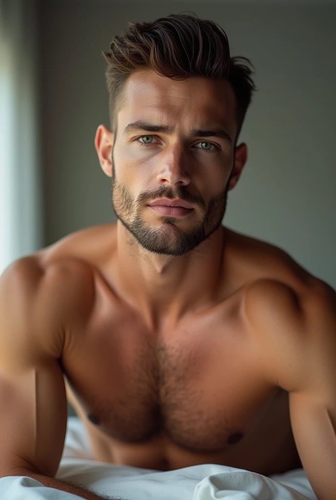 Young man of 30 years old, very muscular, incredibly handsome with green eyes. Mister Supranational, lying face up on a bed with his bare torso looking seductively at the camera, marked abs, perfect six pack, Caucasian features, short brown hair, modern cut, perfectly shaved beard, mouth with sensual lips, little hair on his pectorals, frontal daylight that highlights his muscles, realistic photo, shot from a side angle...