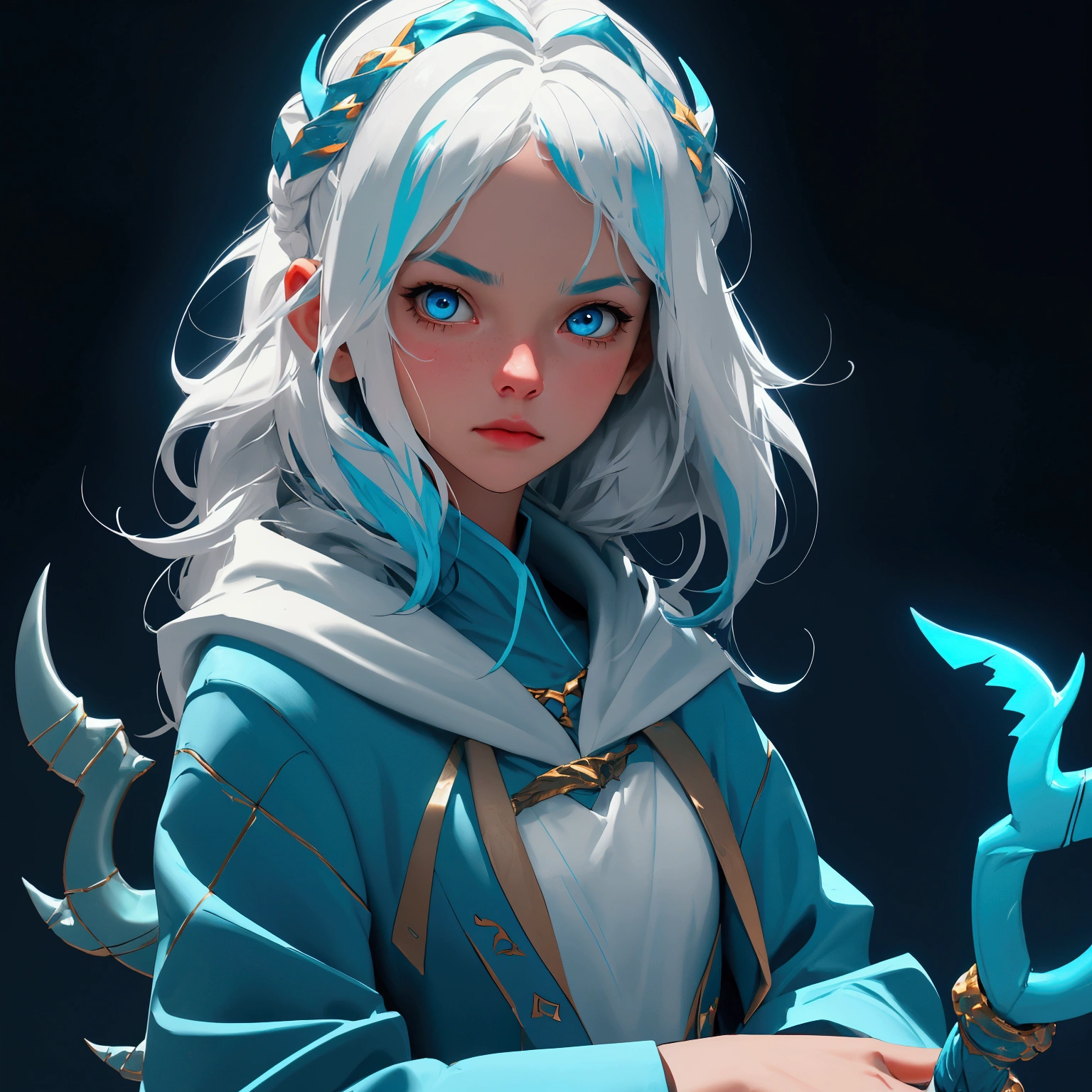 envision a 8k, highres, cinematic, close up portrait of an Atlantean girl named Gawr Gura with shoulder length white hair with blue highlights in a blue shark hoodie holding Poseidon's trident against a dark gray background
