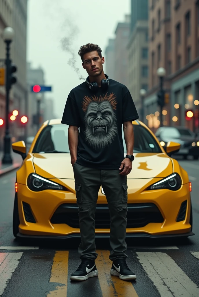photorealism:1.2), handsome youngman(hans to fast 2 furious actor), black printing t-shirts and smoking(smokes comes out) , modified civic ferio  (glossy yellow), smokes streets, the traffic lights and marks, low angle camera shots, headphones on his neck, new nike sneakers, car lights in the streets at nights