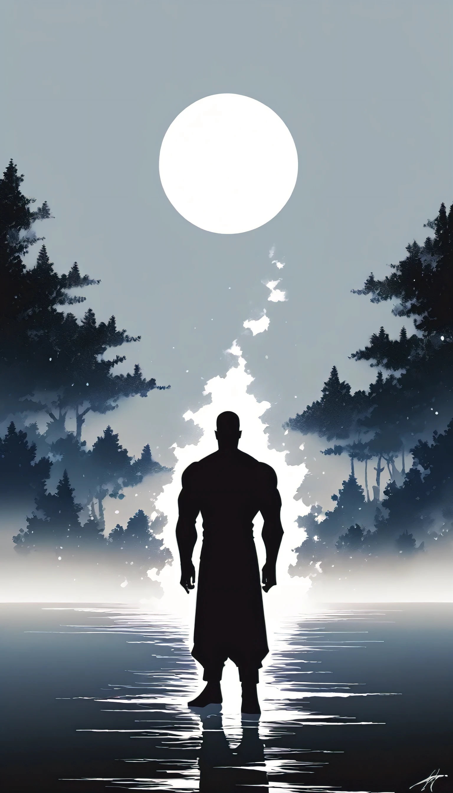 A Strong Buddhist muscular man stands in the smoke, Black jumpsuit, Very tight, Silhouette effect, Tall muscular man, Priapus, Dark Black, Dark black skin, Buzz Cut, His muscles are very developed, Very tall, short hair, Blend into the smoke, Lake, Reflection, Stars, moonlight, Big Moon, Man silhouette, Chinese, black and white, Simple style