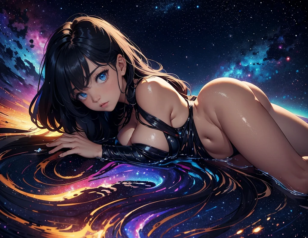 1 girl, detailer: 1.4, canvas of stars, skin with the color of dark nebulae, dark nebulae, lying on a galaxy, lying on the dark bright liquid galaxy, stars, many stars, huge breasts, long hair with the color of nebulae and stars in hair, tall, good anatomy, beautiful details, cute, sparks, liquid nebulae, perfect body, perfect figure, beautiful body, lightly covered with a canvas from liquid dark nebulae, liquid on body, skin tight, beautiful details