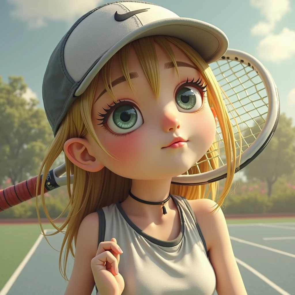 a beautiful girl holding a tennis racket, pixar style, highly detailed, cinematic lighting, vibrant colors, photorealistic, 8k, masterpiece, professional 3d render, beautiful detailed eyes, beautiful detailed lips, extremely detailed face, long eyelashes, athletic body, dynamic pose, sports equipment, outdoor tennis court, blue sky, green grass, sun flare, cinematic camera angle