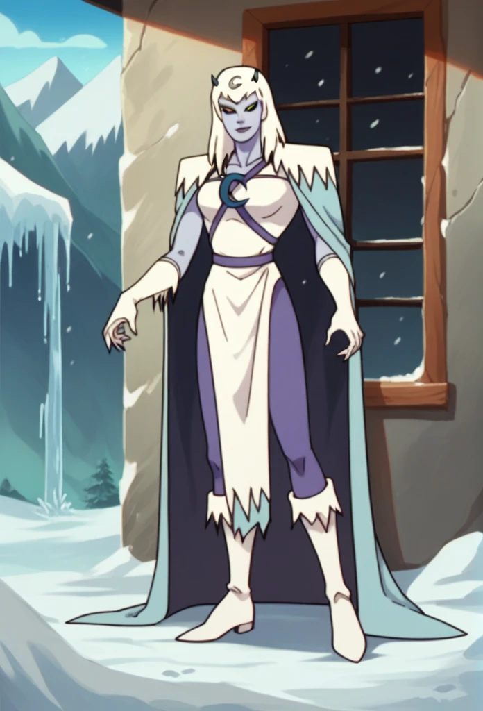 score_9, score_8_up, score_7_up, score_6_up, score_5_up, score_4_up, chilla, thundercats, icicles, standing, cape, smile, colored skin, white hair, long hair, solo, black sclera, yellow eyes, score_9, source_anime, room, window, snow outside