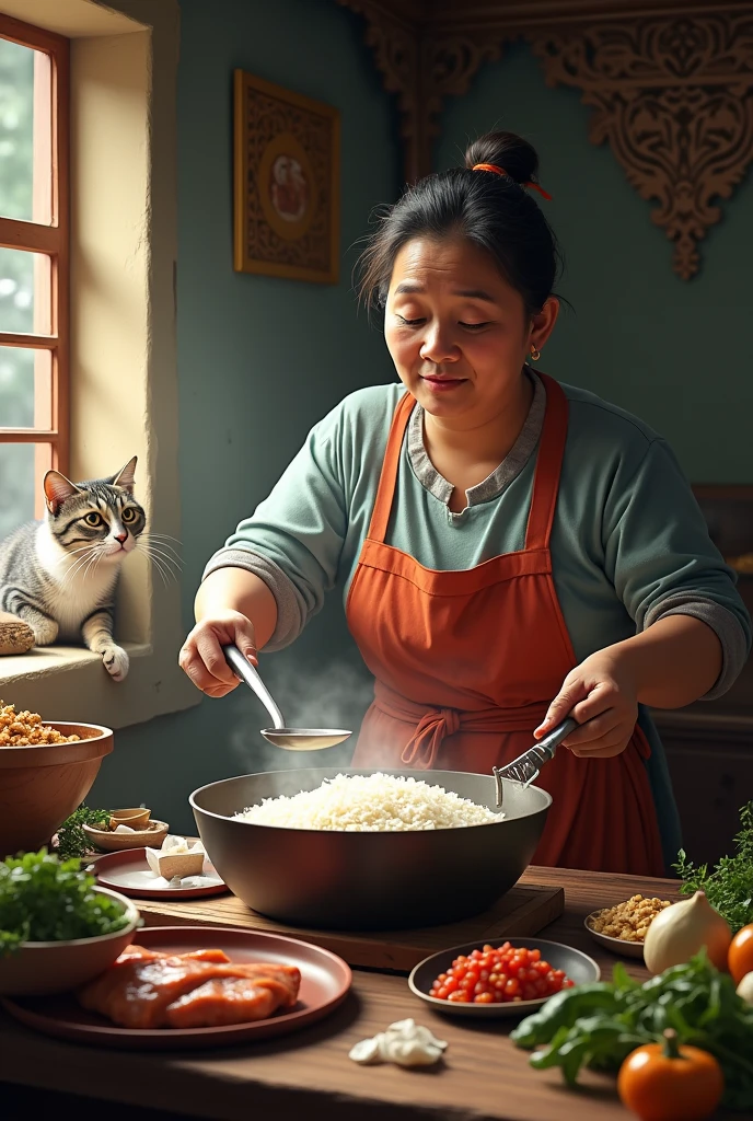 A well-built old Thai woman is cooking in the kitchen of a Thai temple. She is boiling Khao Tam. She has cooking utensils and various cooking ingredients, both vegetables and meat. And there is a cat thief staring at the food by the window.