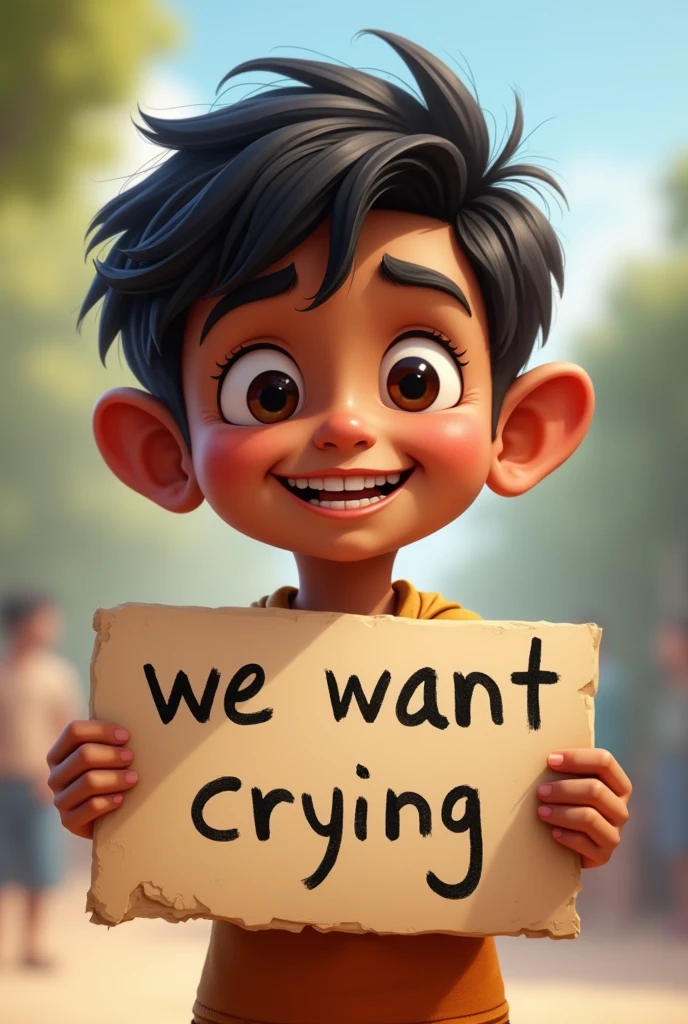 A 1 Indian boy with big ears, a black mole on his left cheek, and a cheerful appearance. He is holding a placard that says "we want crying".