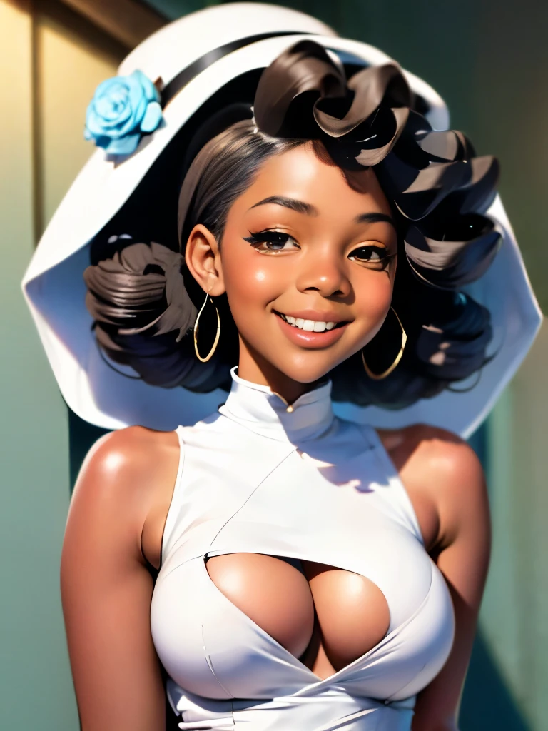 there is a woman wearing a white hat and a white dress, soft devil queen madison beer, wearing white silk hood, curly bangs, she has olive brown skin, tessa thompson inspired, ☁🌪🌙👩🏾, brown skin. light makeup, her face framed with curls, with brown skin, cute complexion, wearing angel halo covered face, curly