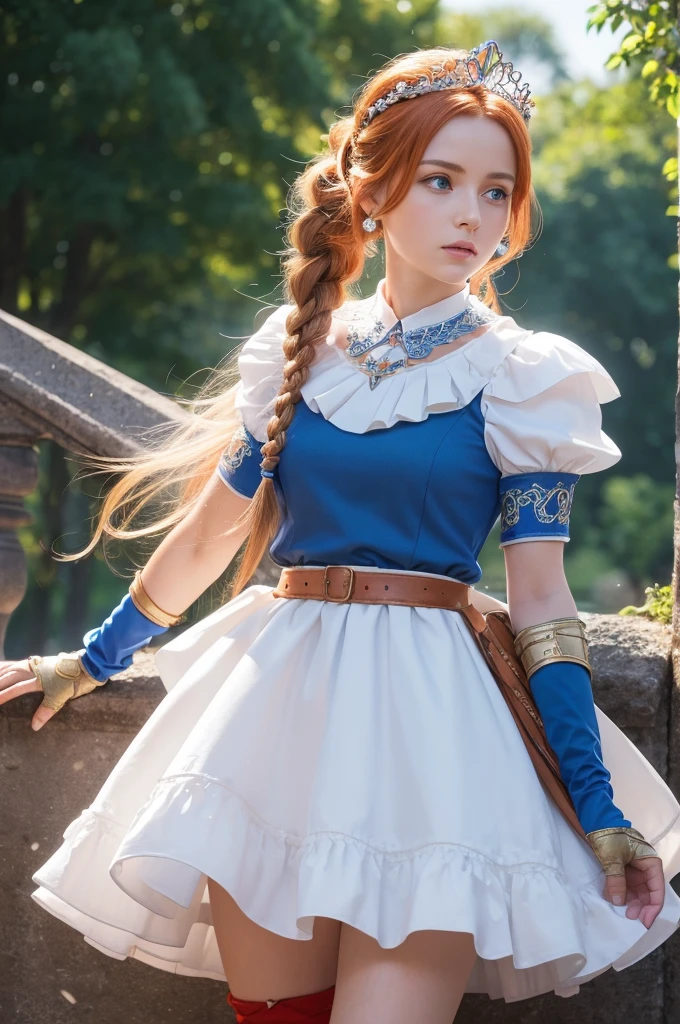 Pecorine, Pecorine, blue eyes, hair ornaments, Long Hair, Orange Hair, tiara, Braiding, hair Braiding,
break arm belt, armor, Ascot, blue socks, boots, dress, gloves, hair ornaments, Open clothes, open dress, Scapula, pleated skirt, puffy Short sleeve, Puff sleeves, red Ascot, red skirt, Short sleeve, shoulder armor, Piece shoulders, skirt, socks, white dress, White footwear, white gloves,
break looking at viewer, whole body,
break outdoors,
break (masterpiece:1.2), Highest quality, High resolution, unity 8k wallpaper, (figure:0.8), (Beautiful attention to detail:1.6), Highly detailed face, Perfect lighting, Highly detailed CG, (Perfect hands, Perfect Anatomy),