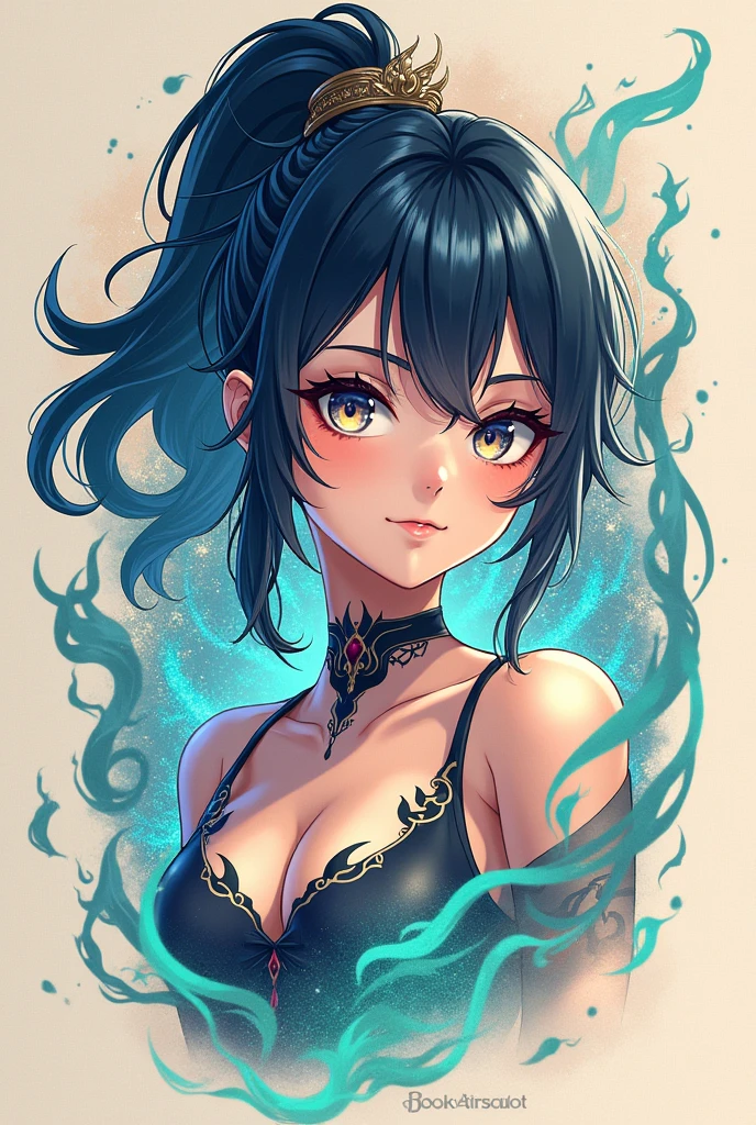 Create a Genshi Impact style anime girl tattoo design