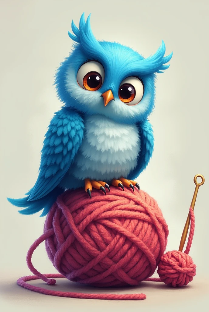 A blue owl on a ball of yarn with crochet hook to knit buried in the minimalist ball