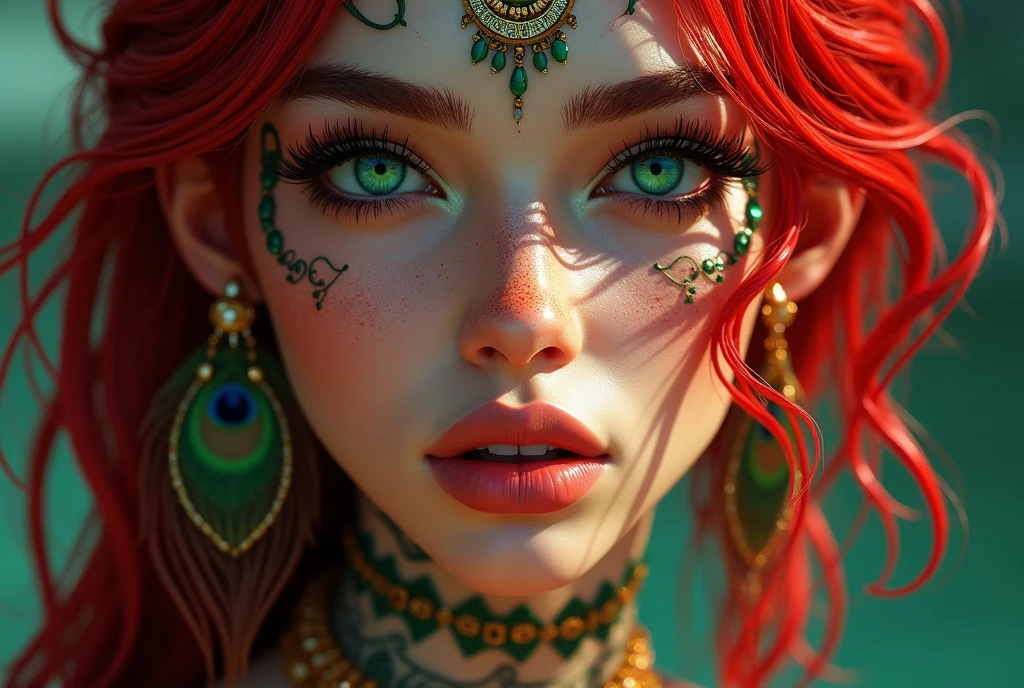 tanned lady white skin lady red green tattoos on face red green hairs mark facial jewelry peacock feather PERFECT MASTERPIECE, EXTREMELY DETAILED CG UNITY 32K UHD QUALITY RESOLUTION WALLPAPER, PHOTOREALISTIC, RAW PHOTO, PERFECT PHOTOGENIC CLARITY, OFFICIAL ART, AWARD-WINNING PORTRAIT, ULTRA HYPER-REALISTIC, ULTRA HYPER-DETAILED, SHINY REALISTIC SKIN, RAY TRACING, UNREAL ENGINE 5.8K, GLOWING AMBIENT LIGHT cyberpunk, Arabian girl face portrait anime lips bite mouth tongue