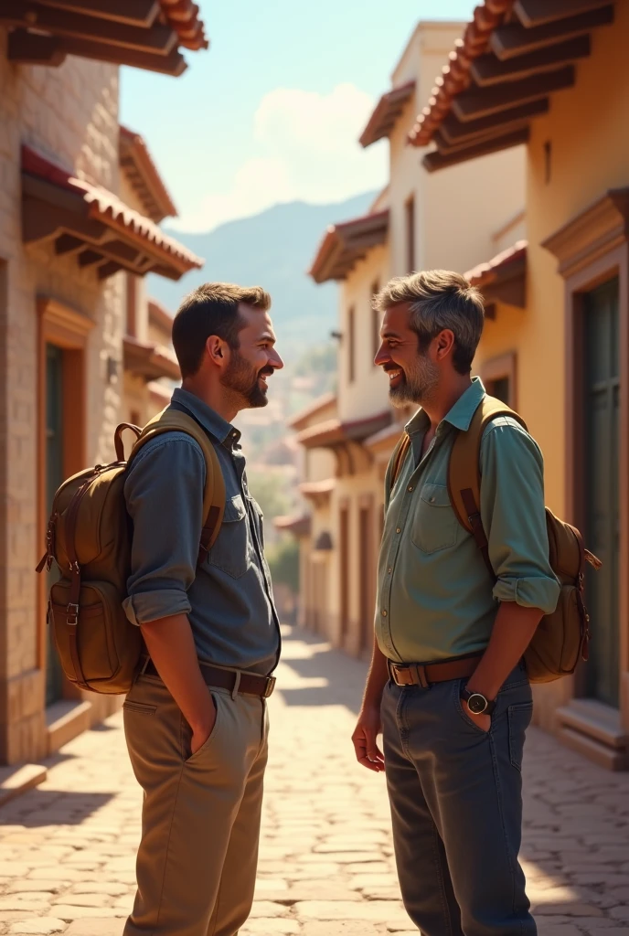 An image of a traveler chatting with a local male inhabitant on a picturesque street. The traveler is using phrases in the local language, and the local is smiling and responding kindly. The scene conveys a sense of connection and cordiality., with a typical architecture in the background.
