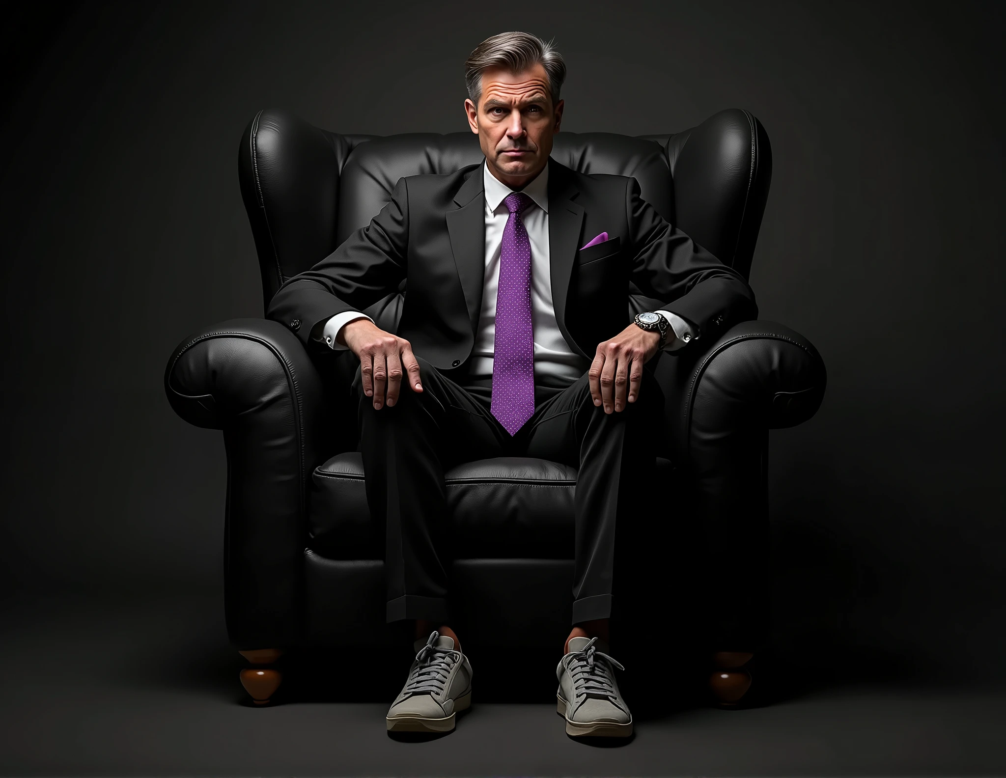 Create a realistic image for a profile picture where a 3 “Man”, With a Black suit, purple tie, casually sitting on a big, comfortable black chair, wearing light gray sneakers, looking dissapointed, full ultra high detail realisitic quality