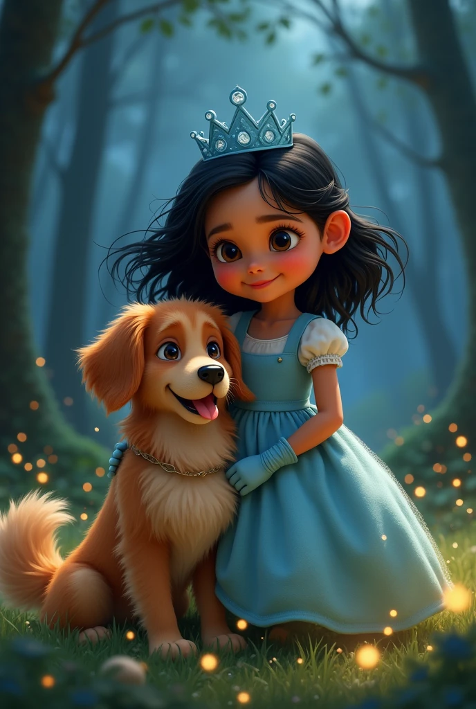 Medium skin tone girl with black hair , dark eyes , beautiful smile.with a golden retriever dog. Repesentavion pixar, light blue oversized dress ,spongy ,with a blue crown, blue gloves , in a forest with fireflies at night