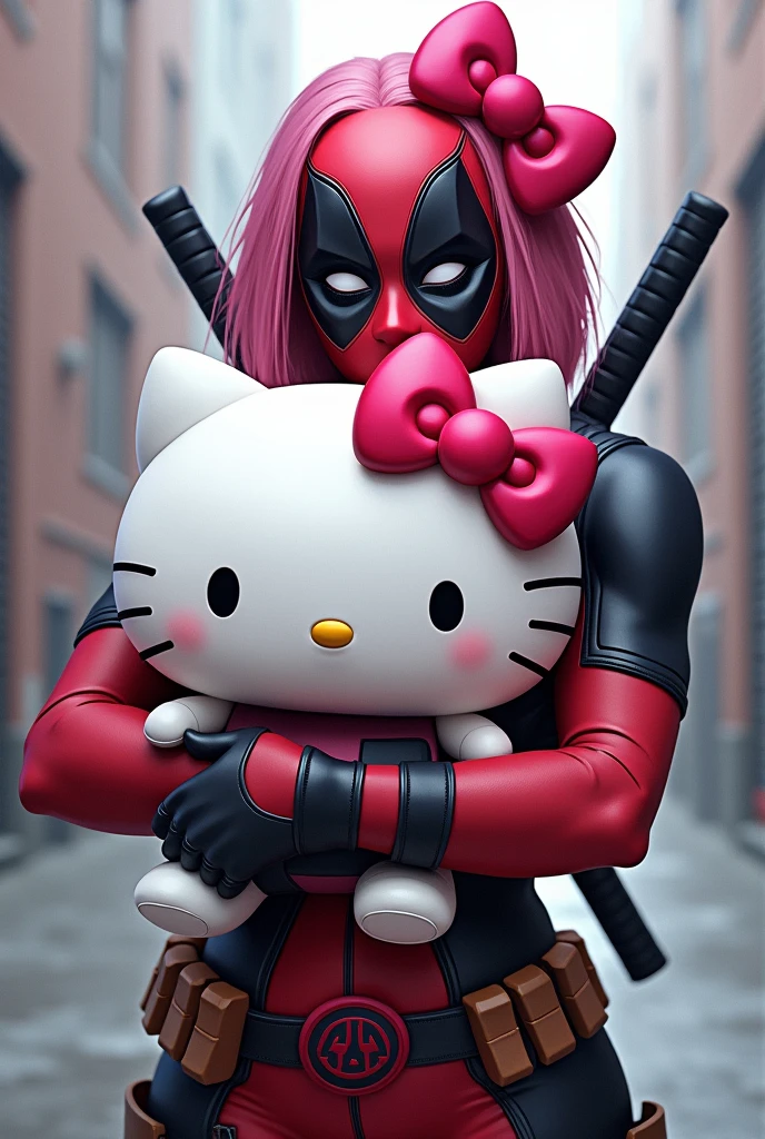 Ladypool holding hellokitty plush with pink bow in her hair (from deadpool)