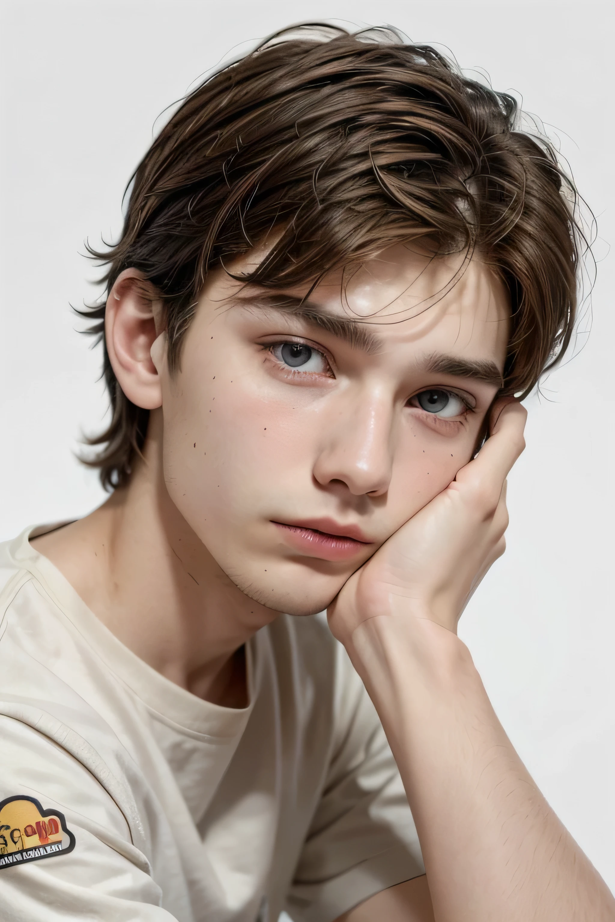 Sad 20 year old young man, on a white background, with a beige shirt with a sad emoji printed on it, with several colorful stickers stuck on the face, with brown hair, with his hand resting on his face, head down.