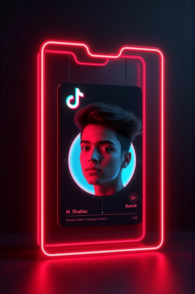 A digital card displaying a TikTok id with a M Shahbaz Editor design to the provided the reference image.The card should feature a young person's portrait a circular frame on the left side, with the tiktok logo and the text your id name Aamir and your followers on the right side.The card should have a neon red outline and a dark background, m Shahbaz Editor to the reference image.