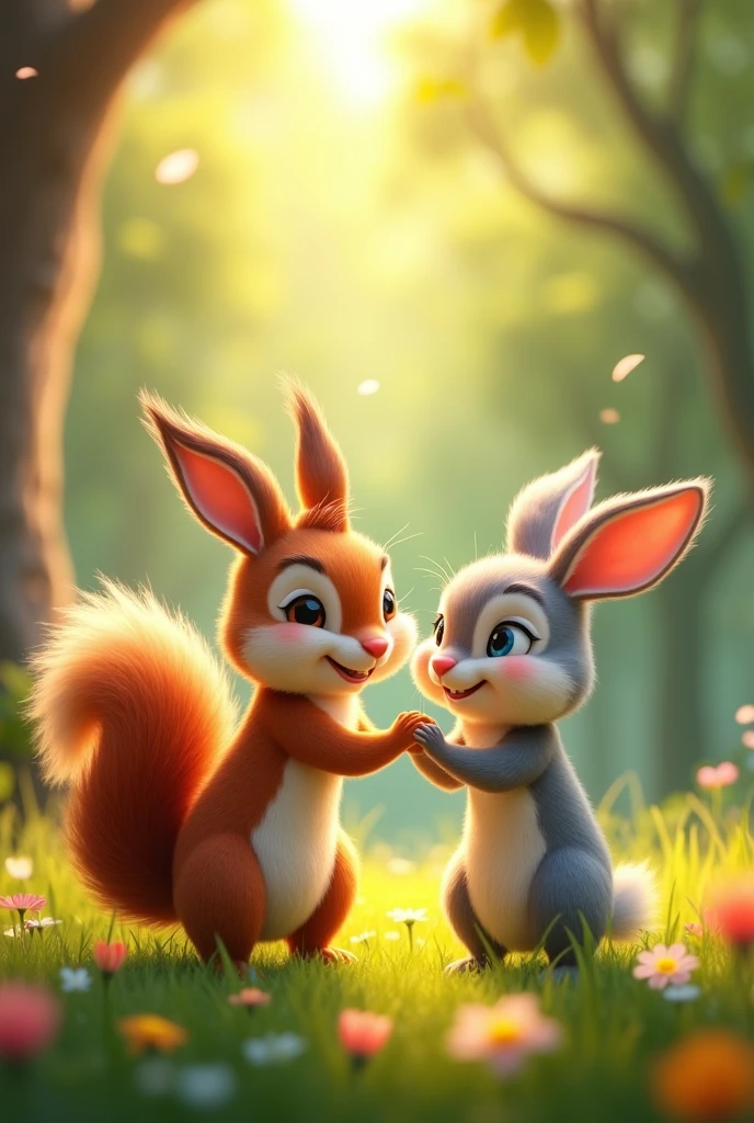 Create a YouTube thumbnail which includes a story of best friends squirrel and rabbit in hindi in 4k quality