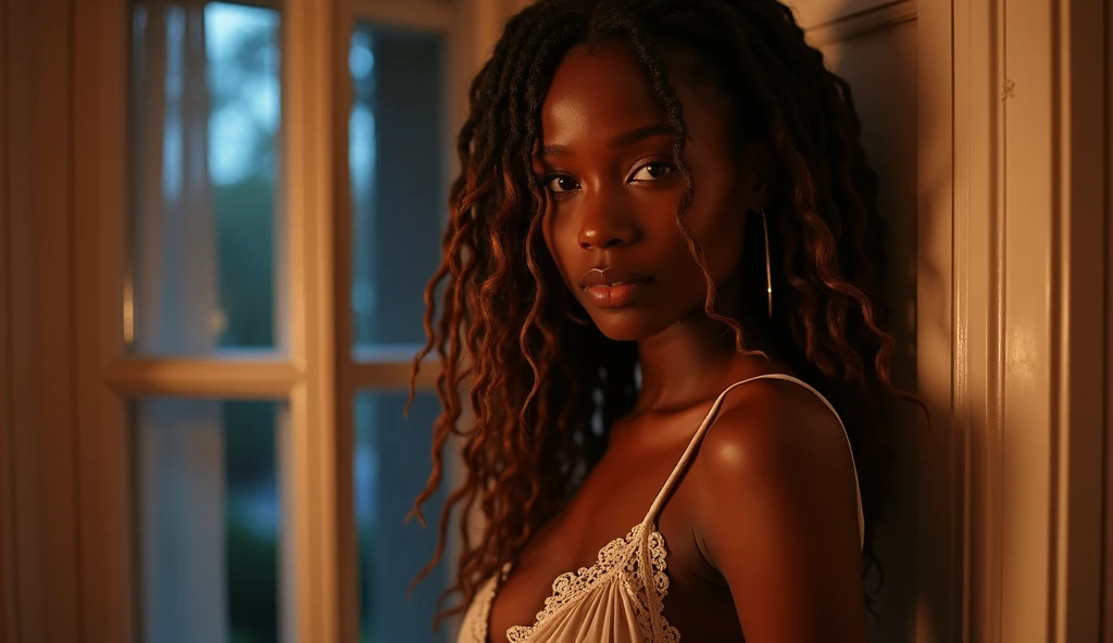 A stunningly beautiful African American woman with long brown dreadlocks with highlights on the ends in night gown looking sexy & sensual, looking out of the bedroom window, realistic
