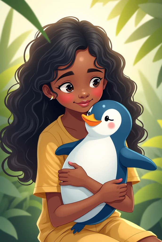 An illustration of a girl with long curly black hair, brown skinned carrying a very chubby baby penguin in light blue 