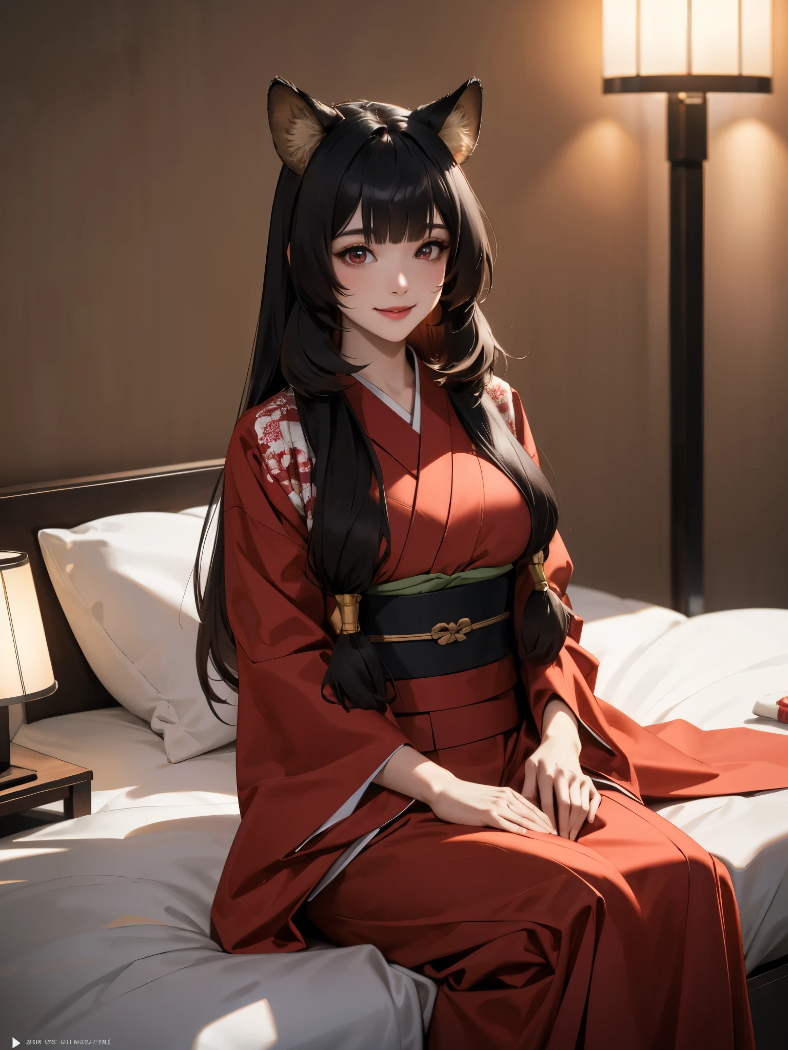 (Best quality), (extremely detailed CG Unity 8k wallpaper), (very detailed), ((absurdity)), Detailed beautiful eyes,
Raphtalia, Red eyes, black hair, fox tail, fox ears, 1 girl, Wearing kimono, red kimono, big breast,smile,Sitting in bed, at night, Japanese house