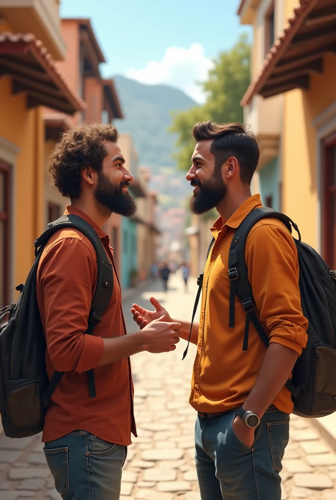 An image of a traveler chatting with a local male inhabitant on a picturesque street. The traveler is using phrases in the local language, and the local is smiling and responding kindly. The scene conveys a sense of connection and cordiality., with a typical architecture in the background.