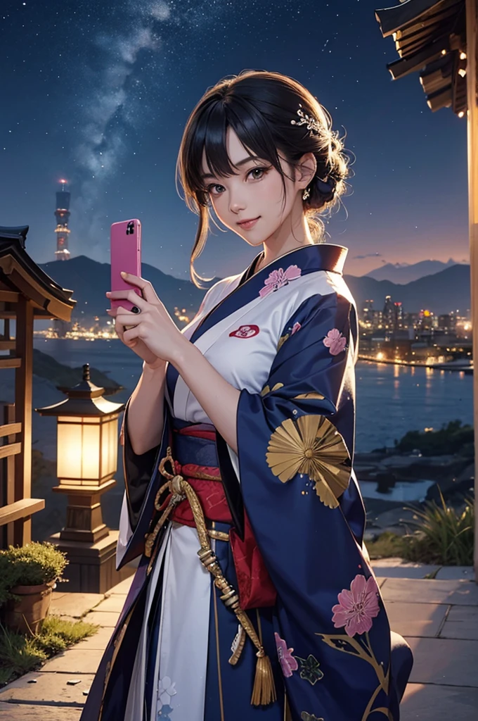 anime style, super fine illustration, highly detailed, dynamic angle, beautiful detailed, 8k, A rubble-ridden town on a rainy night BREAK A A beautiful woman in a kimono holding a Japanese sword smiles fearlessly, transfixed by the beautiful night view of the city, is taking a selfie. Her eyes are shining and she is smiling. BREAK The night view sparkles in the background.