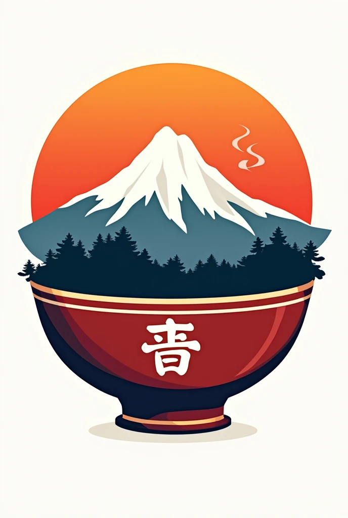 Generate an aesthetic classic logo of mountain into ramen bowl. Make the image colourful 