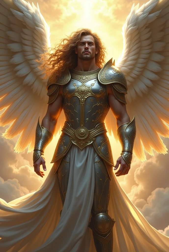 Angel with armor, curly hair and 2 pairs of wings 
