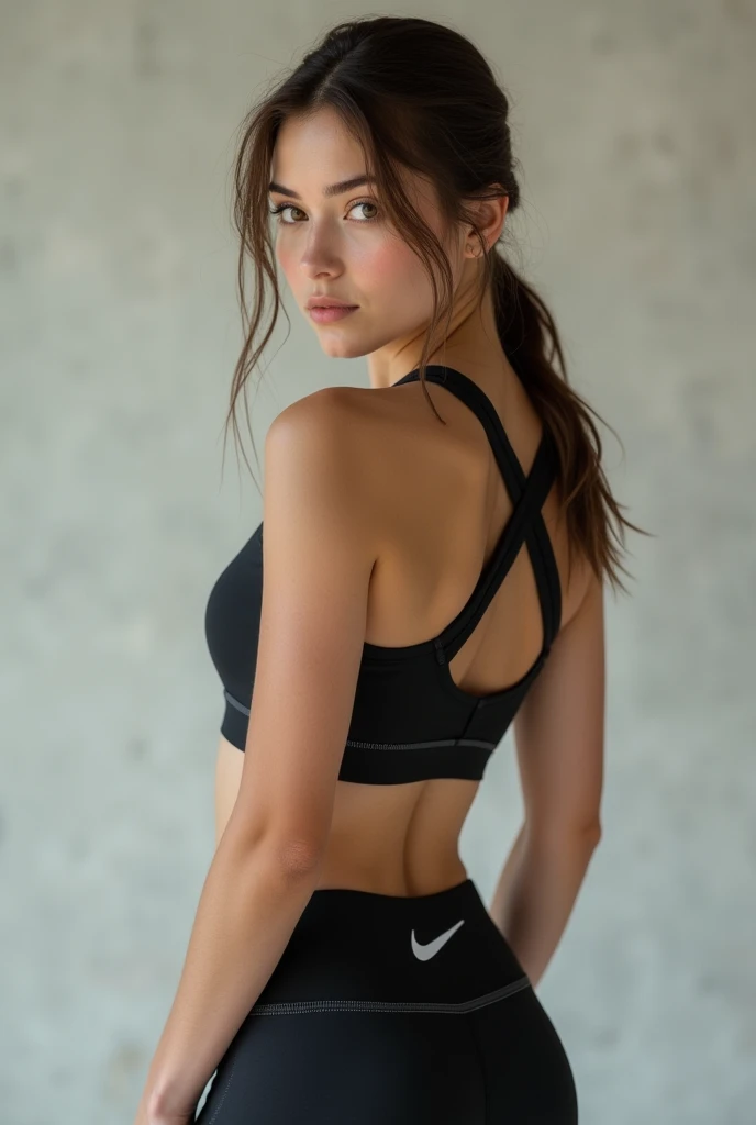 sexy balkan student, pale white skin, honey eyes, low messiy pony tail, , runninf on her nike pro leggins, full body, sexy