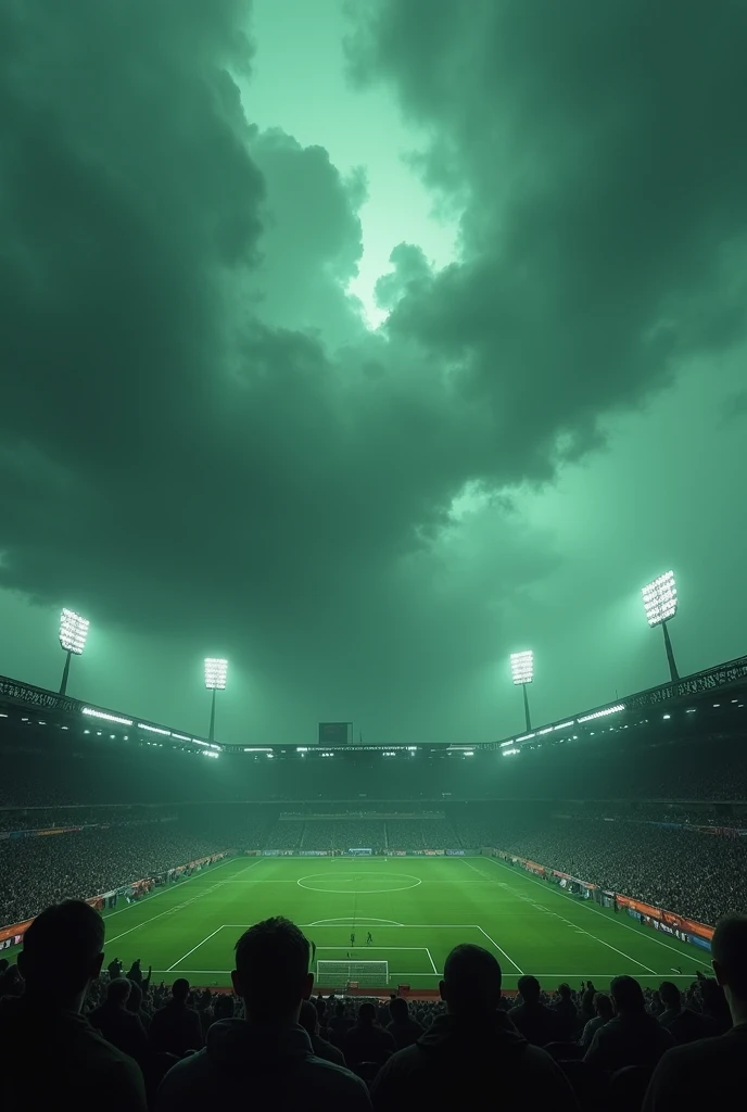 football stadium with a cloudy sky with scary green clouds, Hyperrealism, High quality, Highly detailed, Ultra detailed, haze 

