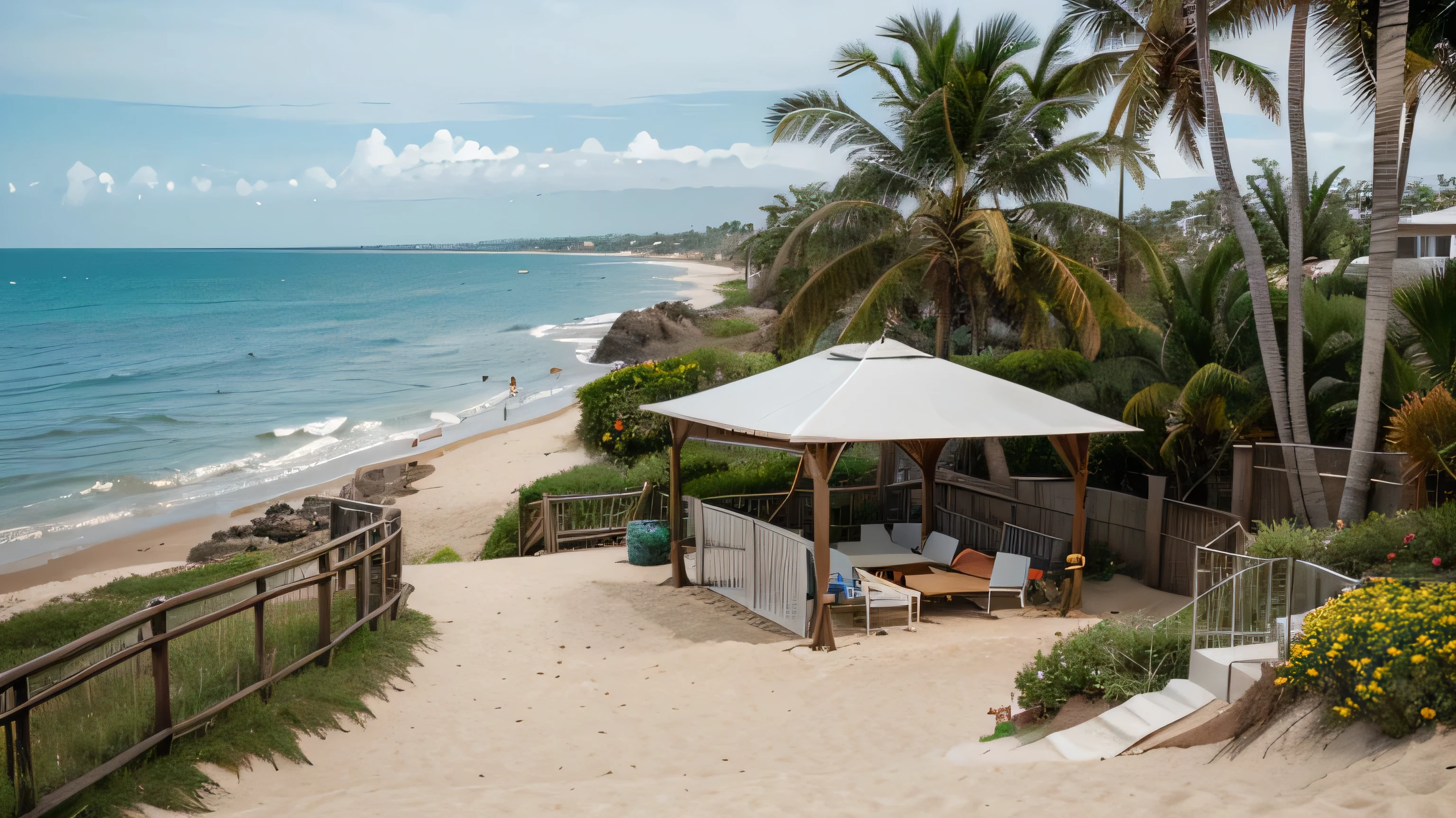 A wide-angle photograph captures a serene beach scene with natural daylight, likely taken from an elevated vantage point. The left side of the image showcases a sandy beach with gentle waves rolling in, creating white foam along the shore. The ocean's deep blue color transitions to a lighter shade near the shore, with waves breaking softly, forming a thin white foam line where they meet the sand. The midground features a dirt path running parallel to the beach, bordered by wooden railings and sparse vegetation. A flagpole with a multicolored flag displaying "DONA" in white letters on a purple background is slightly tilted to the left. To the right of the path, there's a circular green sign with white text reading "BAIA QUINTAL PARQUE" on a black decorative metal frame, mounted on a wooden structure. This area includes a covered structure with a red-tiled roof and an open-air seating area featuring white wooden lounge chairs and blue benches. Tall palm trees with thick, textured trunks and extended green fronds dominate the right side of the image, casting shadows and partially obscuring the buildings. The background extends the view of the beach and ocean, with more distant palm trees and buildings visible on the horizon. The sky is predominantly clear with a few large, fluffy white cumulus clouds scattered across it, creating a balanced and harmonious composition. The clouds are illuminated by sunlight from the left, creating a high-contrast scene with varying brightness levels. The overall mood is calm and tranquil, enhanced by the bright natural lighting and the vibrant colors of the landscape. The date and time '2024-05-31 Friday 15:35:15' are displayed in white digital clock text at the bottom right corner.