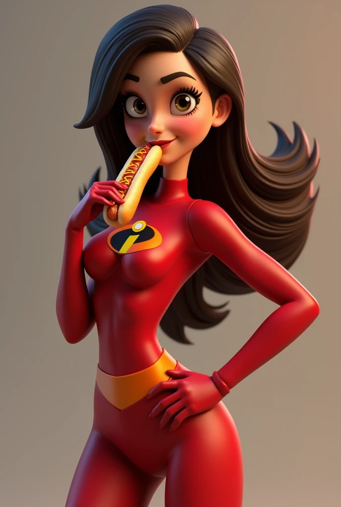 long haired woman, brunette skin, dressed as The Incredibles eating a hot dog 3D character rendering, cartoon character, Character from The Incredibles, character posing, (Pixar-style) (best qualityer) (skin detailed) (detailed texture) (8k) (Argilla) (cinematic lighting) (sharp focus