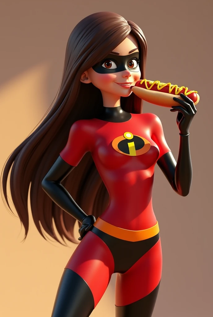 long haired woman, brunette skin, dressed as The Incredibles eating a hot dog 3D character rendering, cartoon character, Character from The Incredibles, character posing, (Pixar-style) (best qualityer) (skin detailed) (detailed texture) (8k) (Argilla) (cinematic lighting) (sharp focus