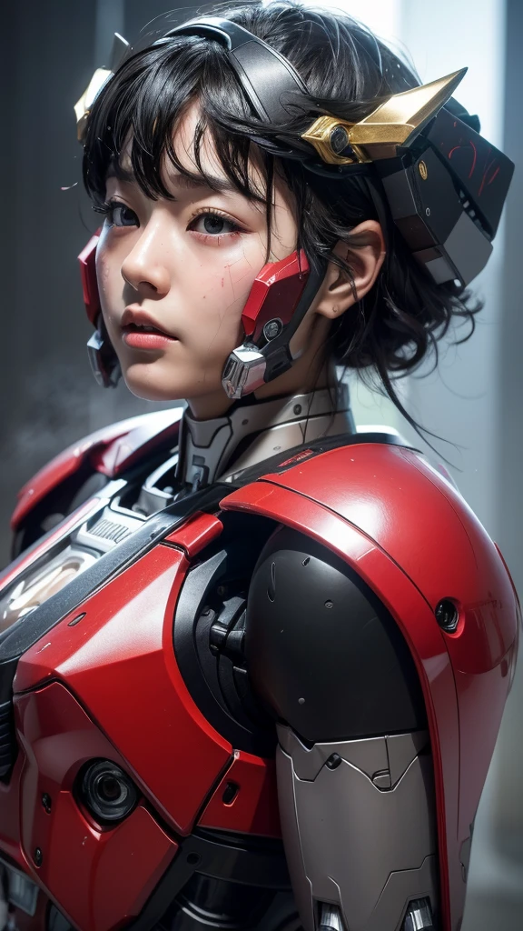 最high quality非常に詳細, Advanced Details, high quality, 最high quality, High resolution, 1080P, hard disk, beautiful,(War Machine),(headgear),See the big picture,beautifulサイボーグ女性,Mecha Cyborg Girl,BATTLE MODE,Mecha Body Girl　8k 　Elementary school girl　Sweaty face　cute　short hair　boyish　Steam coming from the head　My hair is wet with sweat　Black hair front view　((Steam from the head))