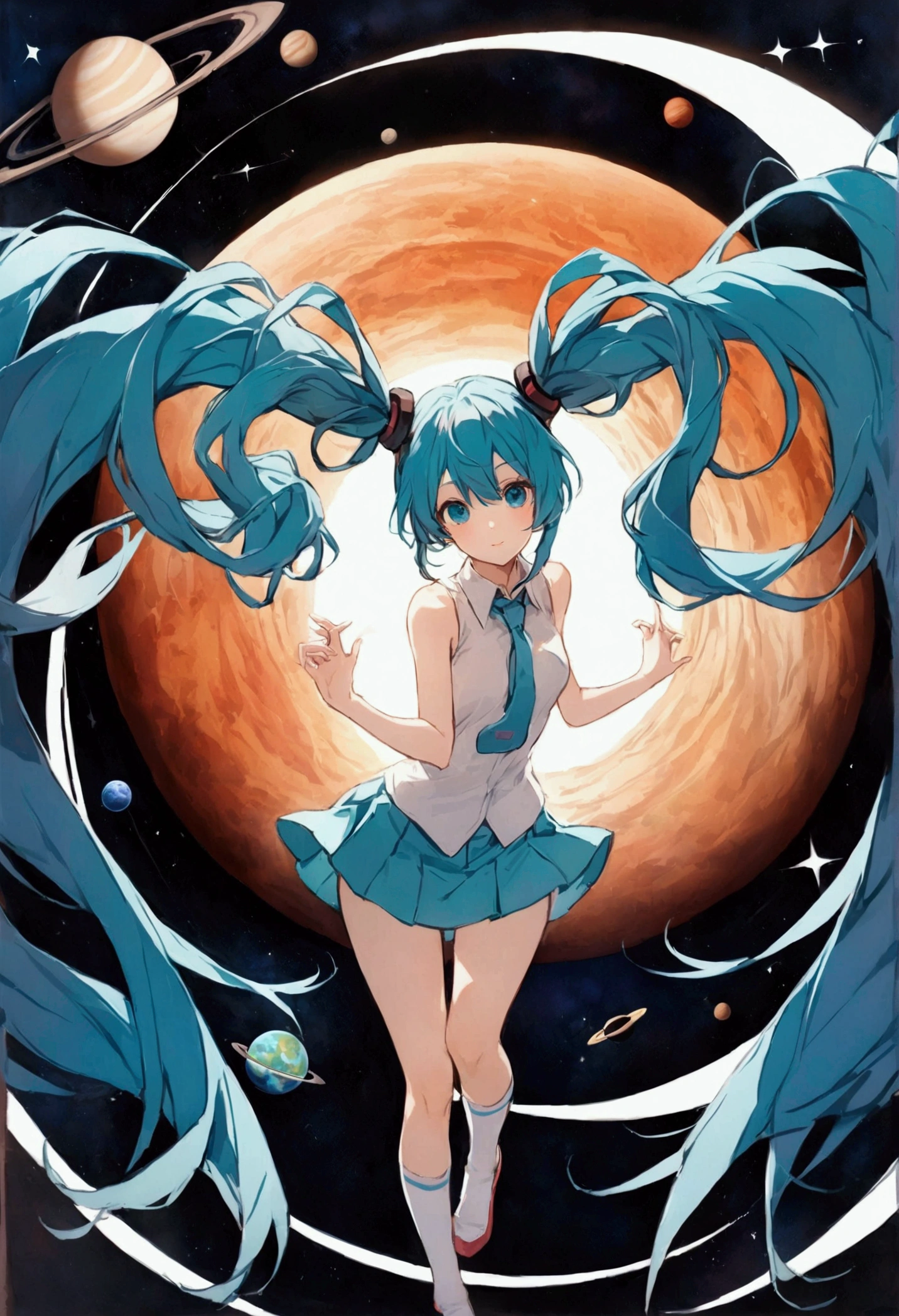 (Hatsune Miku,Light blue hair,Twin tails,No sleeve,tie,mini skirt,socks),universe space,The planets revolve around Miku