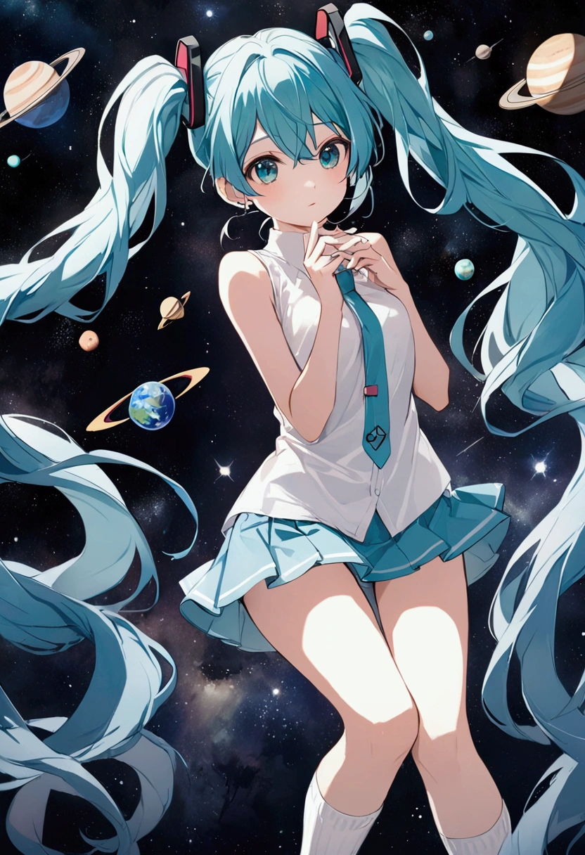 (Hatsune Miku,Light blue hair,Twin tails,No sleeve,tie,mini skirt,socks),universe space,The planets revolve around Miku