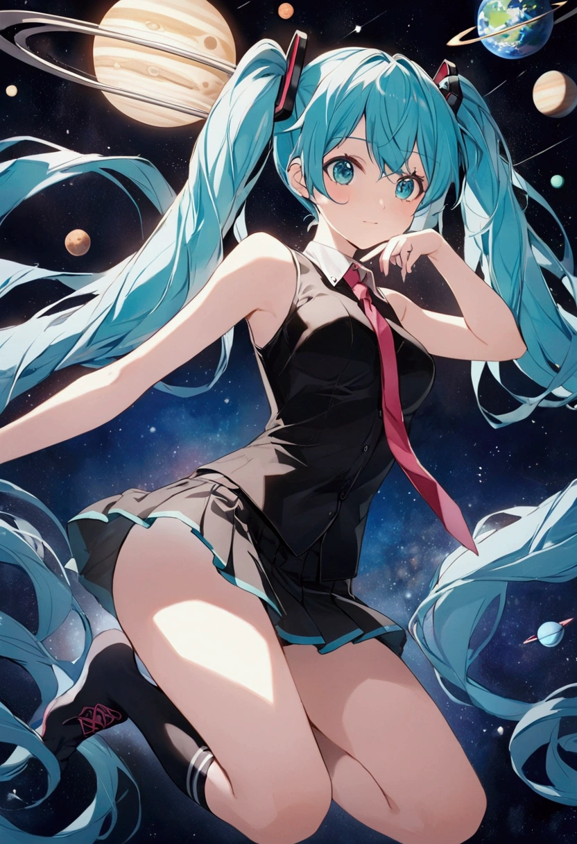 (Hatsune Miku,Light blue hair,Twin tails,No sleeve,tie,mini skirt,socks),universe space,The planets revolve around Miku