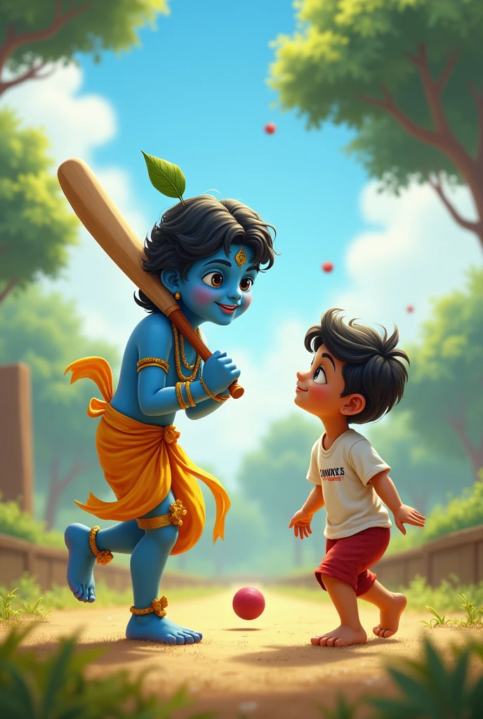 Cute god krishna with his friend playing cricket
Krishna and his bhakt print name on his t shirt 

