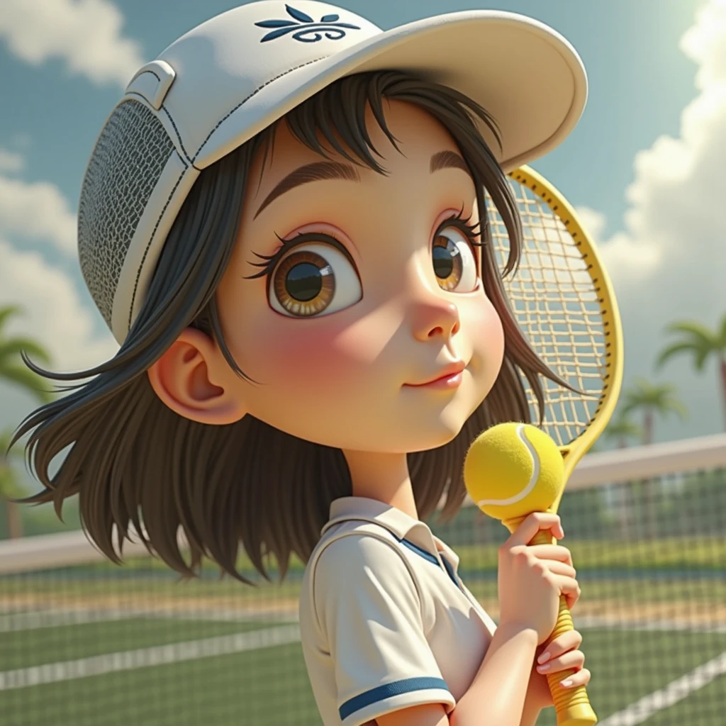 a beautiful girl holding a tennis racket, pixar style, highly detailed, cinematic lighting, vibrant colors, photorealistic, 8k, masterpiece, professional 3d render, beautiful detailed eyes, beautiful detailed lips, extremely detailed face, long eyelashes, athletic body, dynamic pose, sports equipment, outdoor tennis court, blue sky, green grass, sun flare, cinematic camera angle
