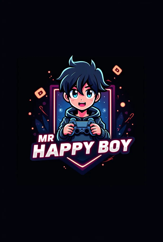 This is a gaming logo that features the name mr happy boy in a futuristic font and a Neo black colour. And boy anime avtar, the logo also has a stylized controlled icon and a youtube play button in the background. The logo is designed to be attractive and eye-catching and to appeal to gaming enthusiast and youtube viewers. I hope you like it